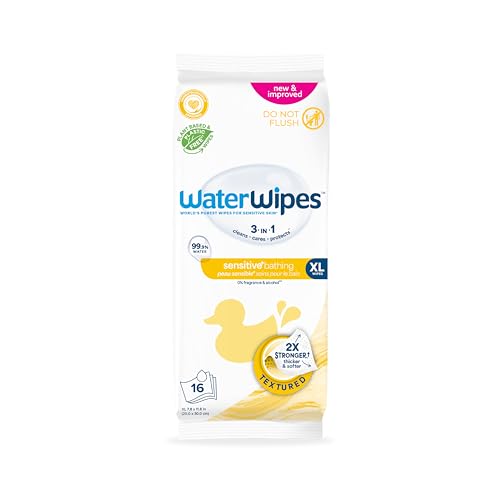 WaterWipes Sensitive+ Bathing Wipes, 3-In-1 Cleans, Cares, Protects, Unscented, Hypoallergenic, 99.9% Water, 16 Count, 1 Pack