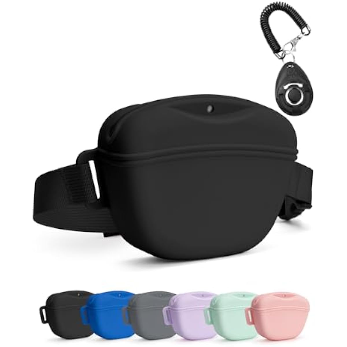 black dog treat pouch with training clicker, 1.67 cup silicone treat bag fanny pack, magnetic closure, waist belt for pet training walking