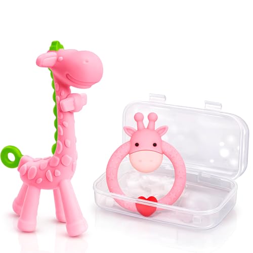 SHARE&&CARE BPA Free Silicone baby teether giraffe toy with storage case, for 3 months above infant sore gums pain relief (Pink)