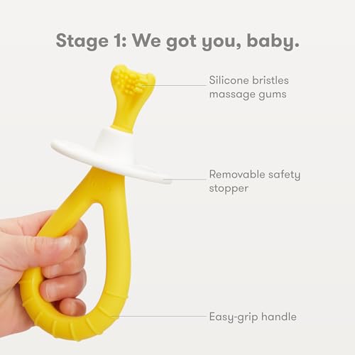 Frida Baby Grow-with-Me Training Toothbrush Set for infants and toddlers 6-18 months, BPA-Free, Soft Silicone Bristles, Yellow