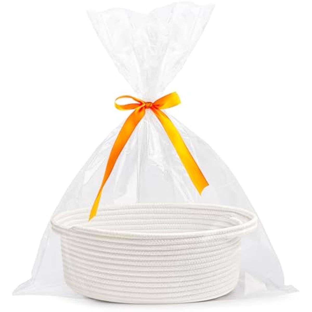 White small woven burr basket with gift bags and ribbons, 12" x 8" x 5", durable storage for gifts, baby toys, and living room essentials