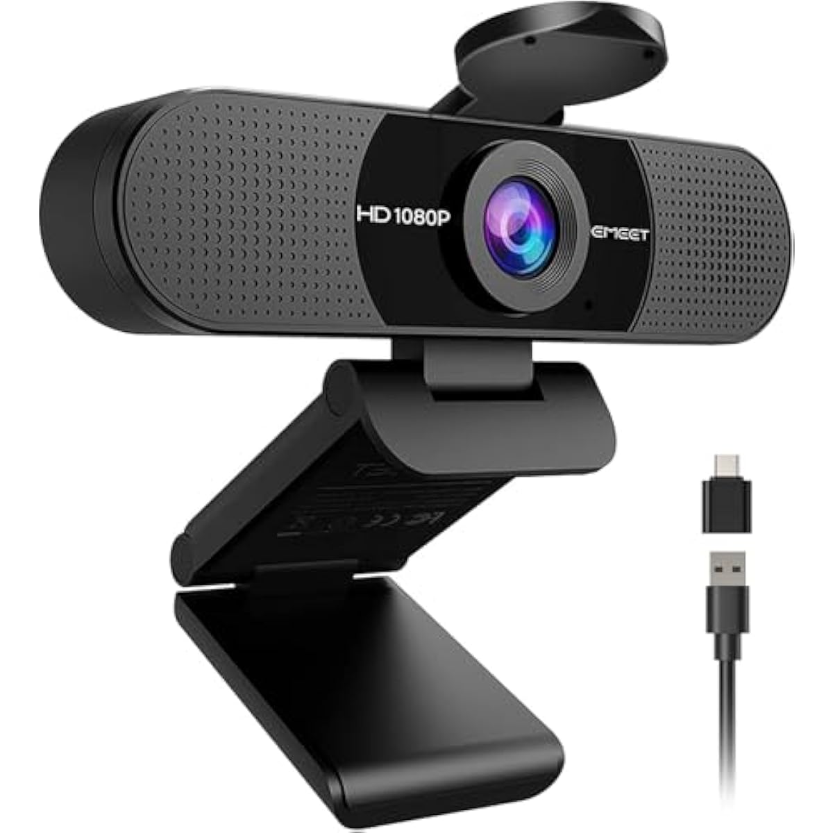 emeet c960 1080p webcam with 2 mics, 90° fov, usb type-a & a-to-c adapter, plug&play computer camera