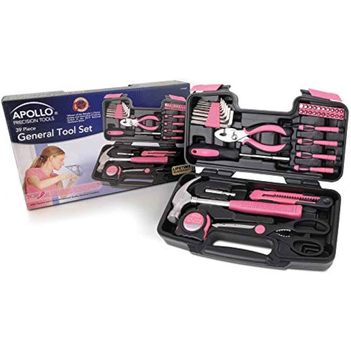 Apollo Tools Original 39 Piece General Household Tool Set in Toolbox Storage Case with Essential Hand Tools for Everyday Home Repairs, DIY and Crafts - Pink Ribbon - Pink - DT9706P