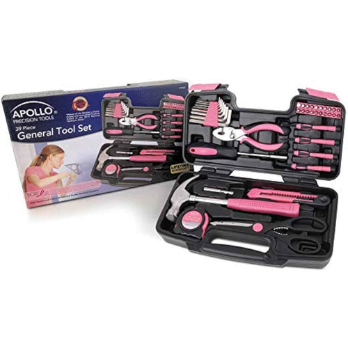 Apollo Tools Original 39 Piece General Household Tool Set in Toolbox Storage Case with Essential Hand Tools for Everyday Home Repairs, DIY and Crafts - Pink Ribbon - Pink - DT9706P