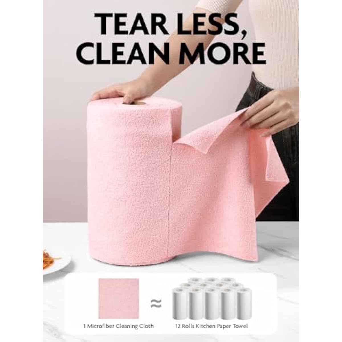 Fantasticlean Microfiber Cleaning Cloth Roll -75 Pack, Tear Away Microfiber Towels, 12" x 12", Reusable, Washable, Scratch Free, Ultra Absorbent Dishcloth for All-Around Cleaning Supplies (Pink)