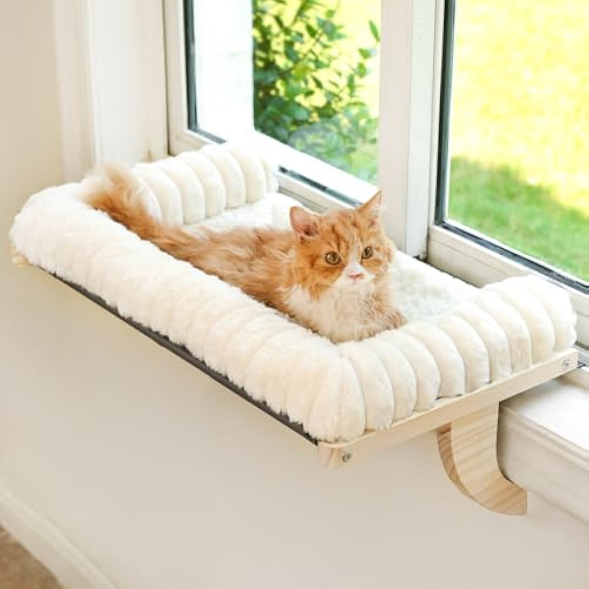 Cloud-Soft cat window perch with zipper cushion, solid wood & metal frame, large cat bed for windows (Large, White)