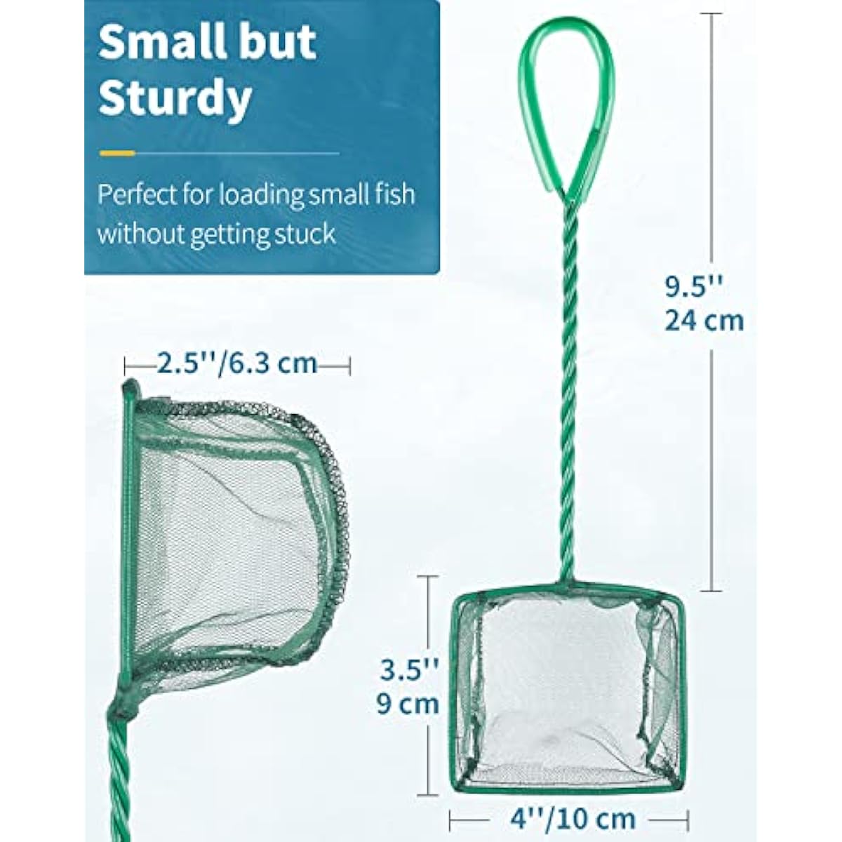 Pawfly green braided metal handle square aquarium net for fish tanks and small koi ponds