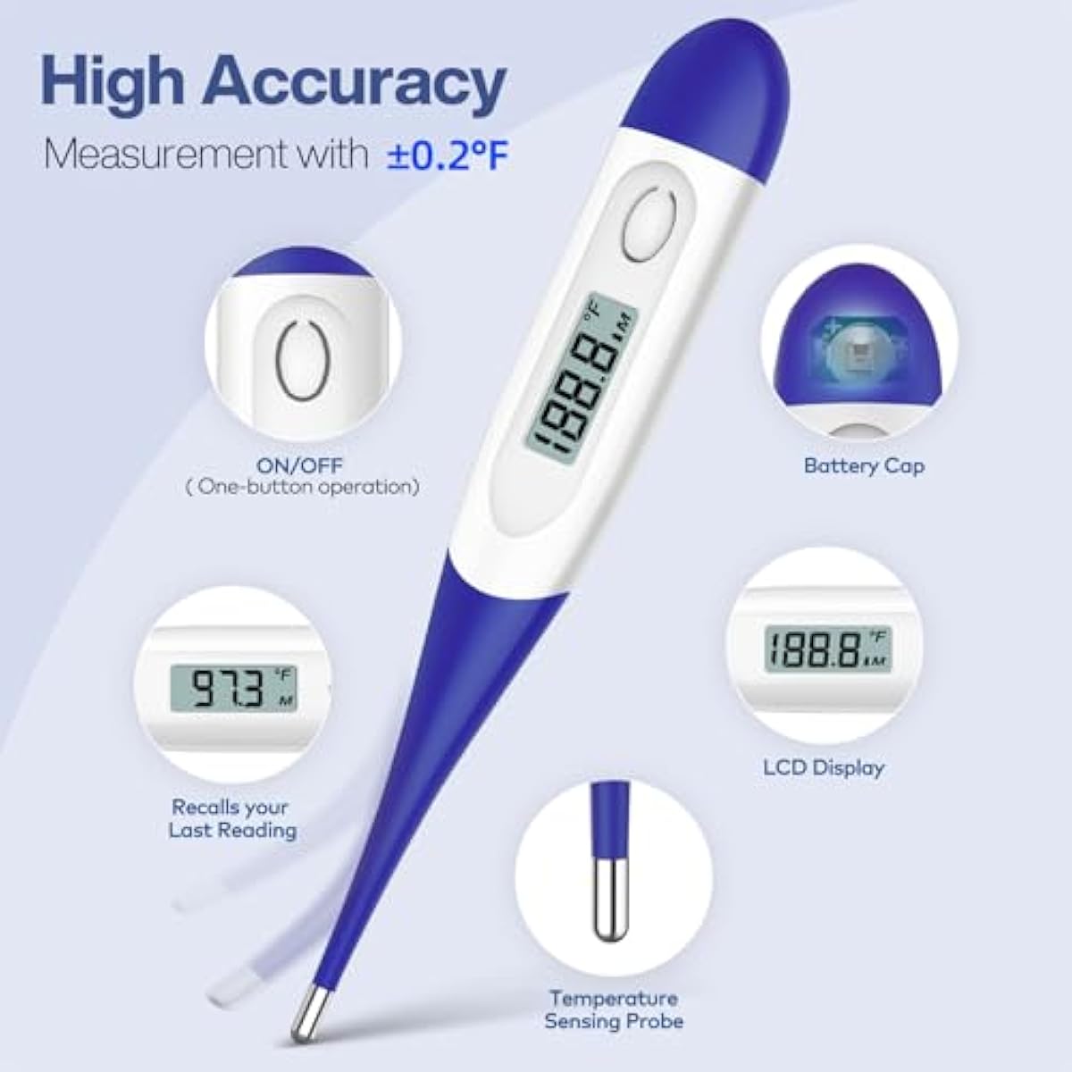Boncare 10 Seconds Digital Thermometer for Adults and Kids - Accurate & Safe Rectal Thermometer for Baby with Fever Alarm, Oral Thermometer (Dark Blue)