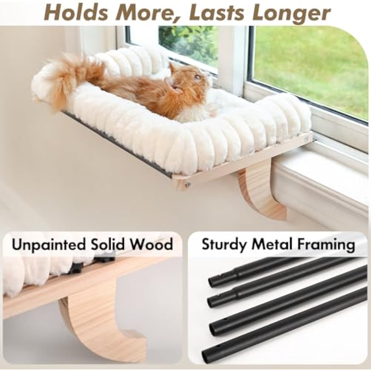 Cloud-Soft cat window perch with zipper cushion, solid wood & metal frame, large cat bed for windows (Large, White)