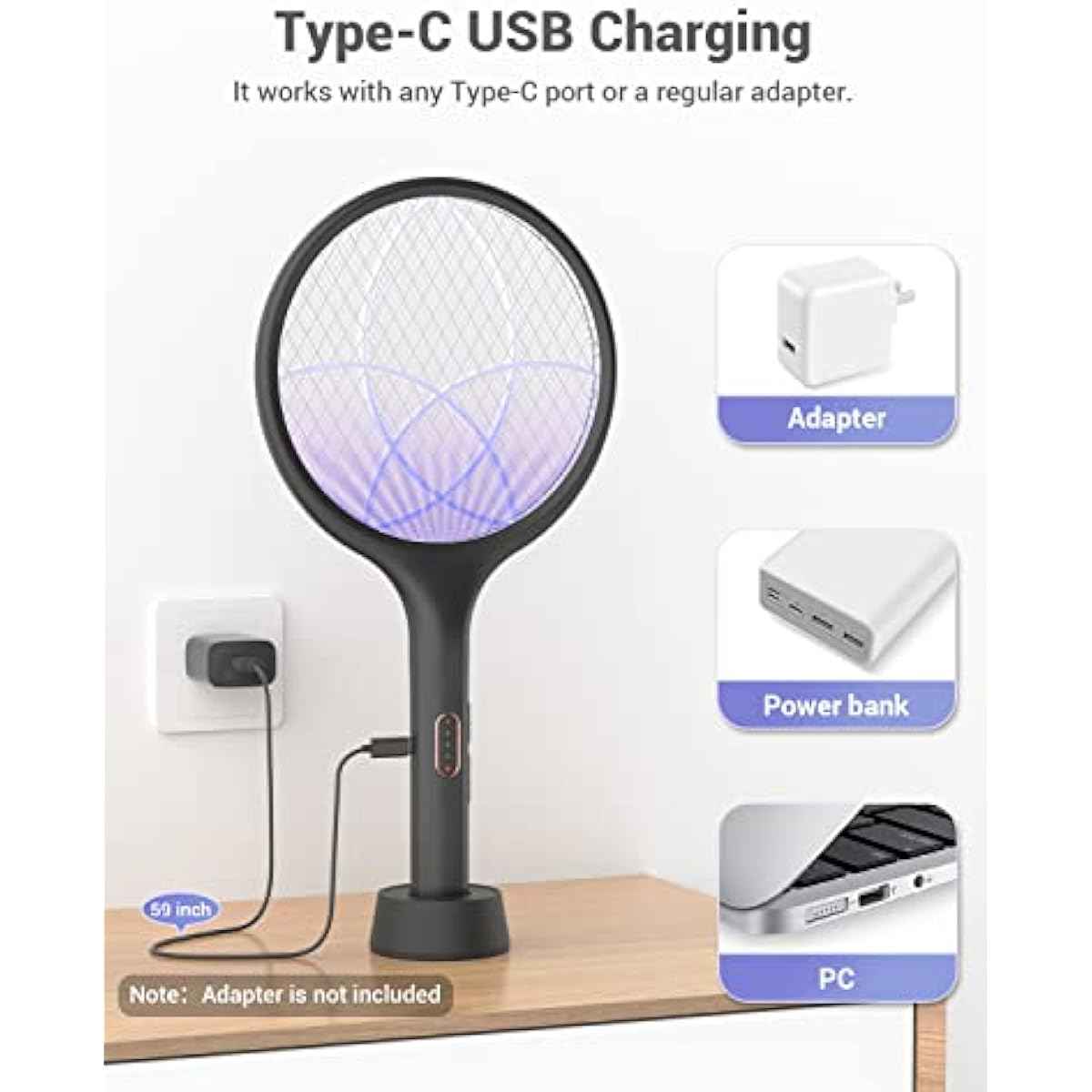 YISSVIC Electric Fly Swatter 4000V Bug Zapper Racket Dual Modes Mosquito Killer with Purple Mosquito Light Rechargeable for Indoor Home Office Backyard Patio Camping (Black-1 Pack)