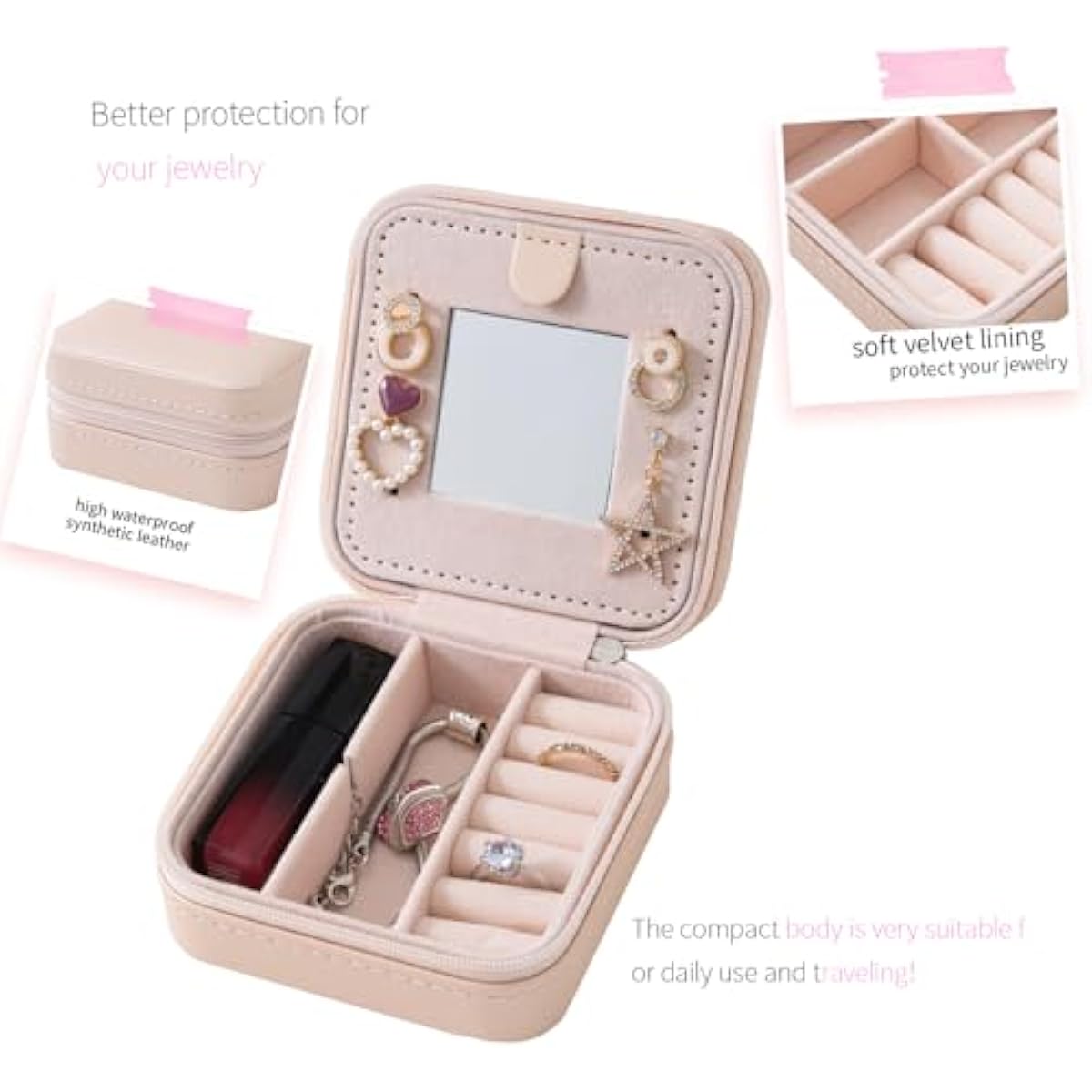 keLofoN small pink jewelry case with mirror travel gift for girls women