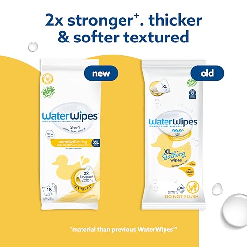 WaterWipes Sensitive+ Bathing Wipes, 3-In-1 Cleans, Cares, Protects, Unscented, Hypoallergenic, 99.9% Water, 16 Count, 1 Pack