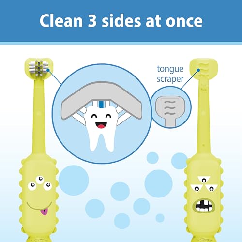 dr. browns green monster triple-sided toddler toothbrush with suction cup base, ages 1-4 years