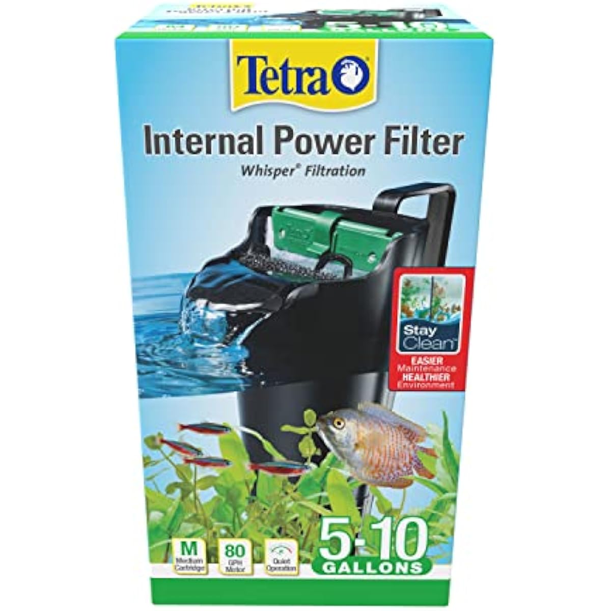 Tetra Whisper Internal Power Filter for 5 to 10 gallon aquariums, in-tank filtration with air pump, black