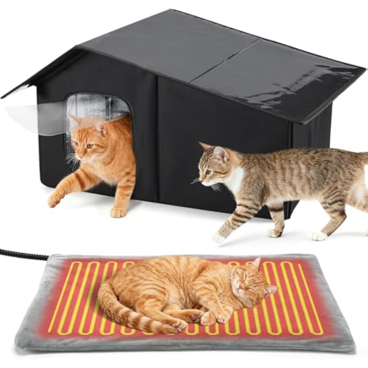 Black weatherproof heated cat house for 2-3 feral cats with thermostatic heating pad and escape door