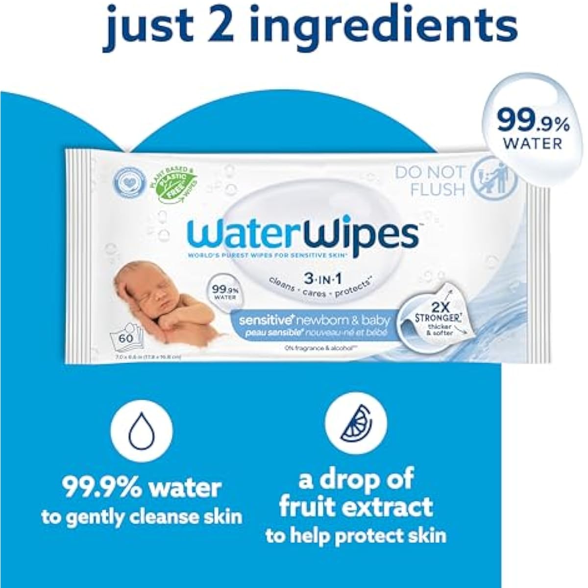 WaterWipes Sensitive+ Newborn & Baby Wipes, 3-in-1 cleans, cares, protects, 99.9% water, unscented & hypoallergenic, 60 count, 2x stronger, thicker & softer