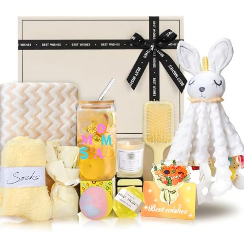 New Mom Gift Box Set - 11PCS Unisex Luxury Spa & Baby Essentials in Elegant Box | Bunny Lovey, Changing Pad, Socks - Baby Shower & Postpartum Care Package for Expecting Moms