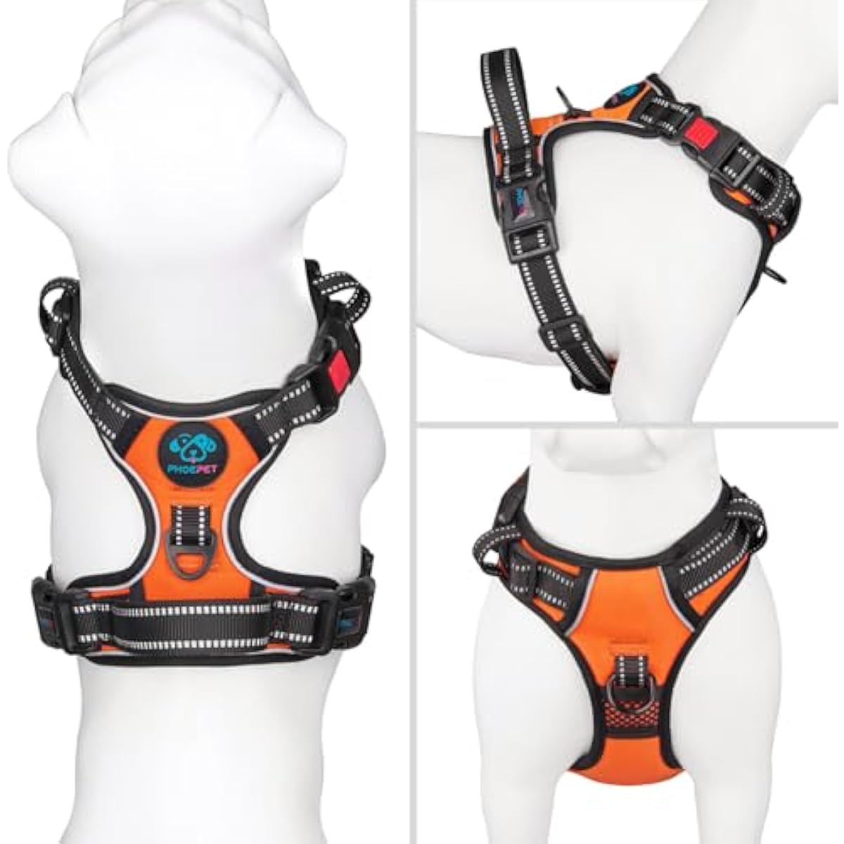 phoepet medium reflective dog harness with handle adjustable 2 metal rings orange