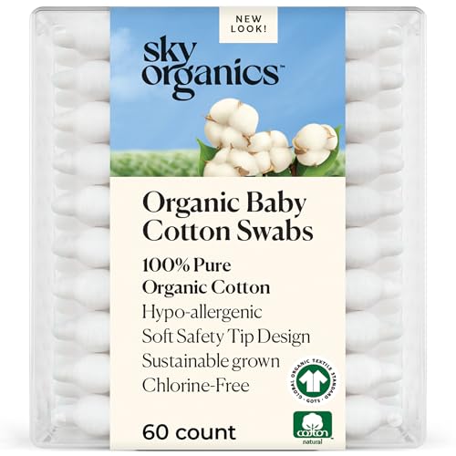 Sky Organics organic baby cotton swabs, 60 count, ultra soft, baby safe tips, strong and durable, hypoallergenic, chlorine free