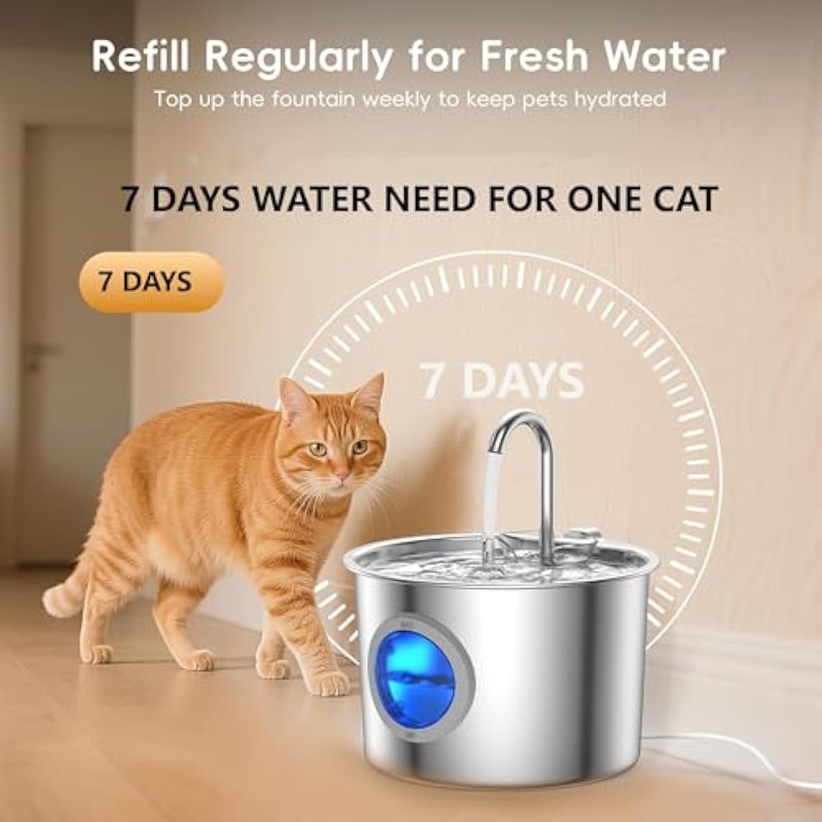 Cat Water Fountain Advanced 304 Stainless Steel 2.2L/74oz with Detachable Tank, Easy to Clean