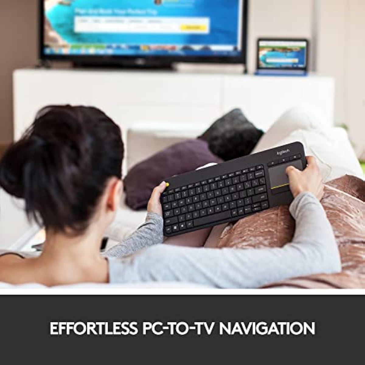 logitech k400 plus wireless touch tv keyboard with easy media control, htpc keyboard for pc-connected tv, android, windows