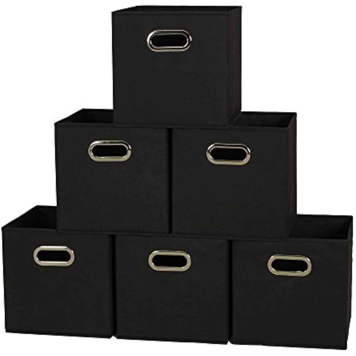 Household Essentials Foldable Fabric Storage Bins 6 Piece Set, Strong Poly-Woven Fabric, Sturdy Chipboard Sides, Grommet Front Handle, Stackable and Foldable, Classic Design, Black