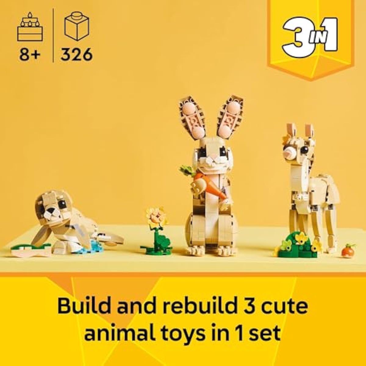 LEGO Creator 3 in 1 Cute Bunny Toy - Building Toy for Girls and Boys, Ages 8+ - Gift for Easter Basket - W/ 3 Build Options, Bunny, Seal, or Llama - 31162