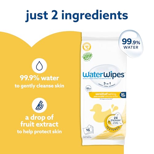 WaterWipes Sensitive+ Bathing Wipes, 3-In-1 Cleans, Cares, Protects, Unscented, Hypoallergenic, 99.9% Water, 16 Count, 1 Pack