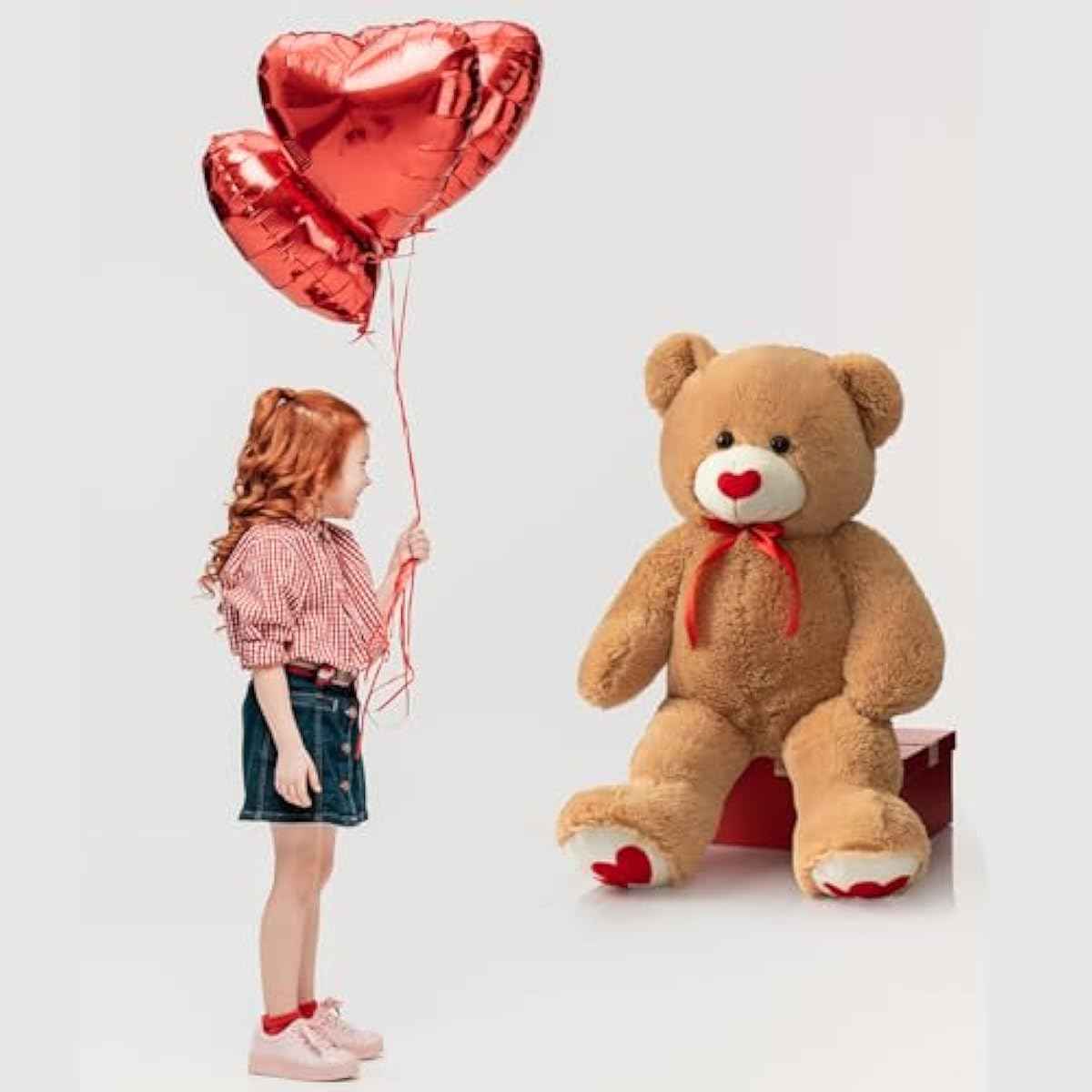 HollyHOME Big Teddy Bear Stuffed Animal Valentines Large Bear Plush with Red Heart for Girlfriend and Kids Valentines 36 inch Tan