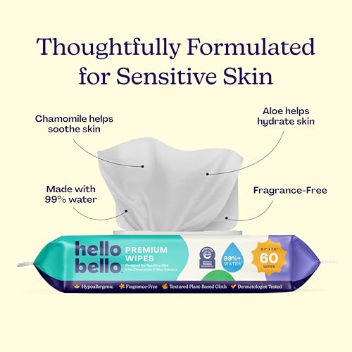 hello bello premium fragrance-free baby wipes with chamomile aloe extracts for sensitive skin, 12 resealable packs of 60ct each