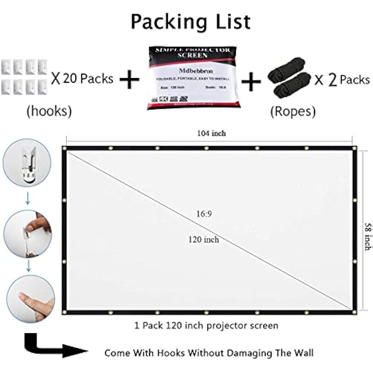 120 inch Projector Screen 16:9 Foldable Anti-Crease Portable Projector Movies Screens for Home Theater Outdoor Indoor Support Double Sided Projection