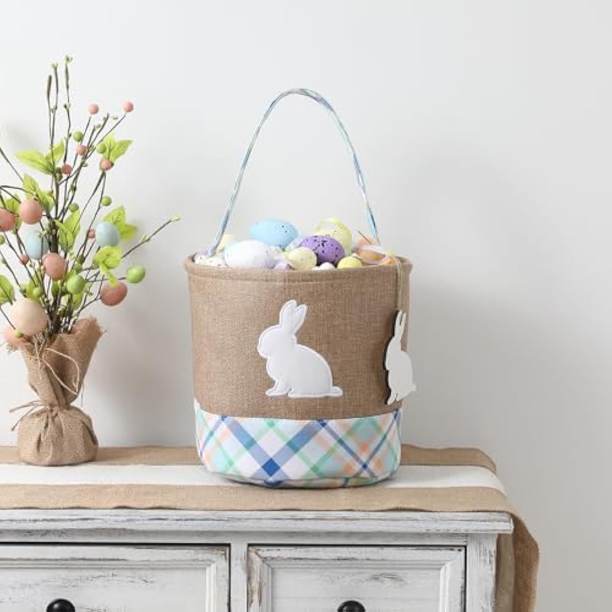 handmade wooden easter bunny basket with diy tag for kids boys girls easter egg hunt storage (blue)