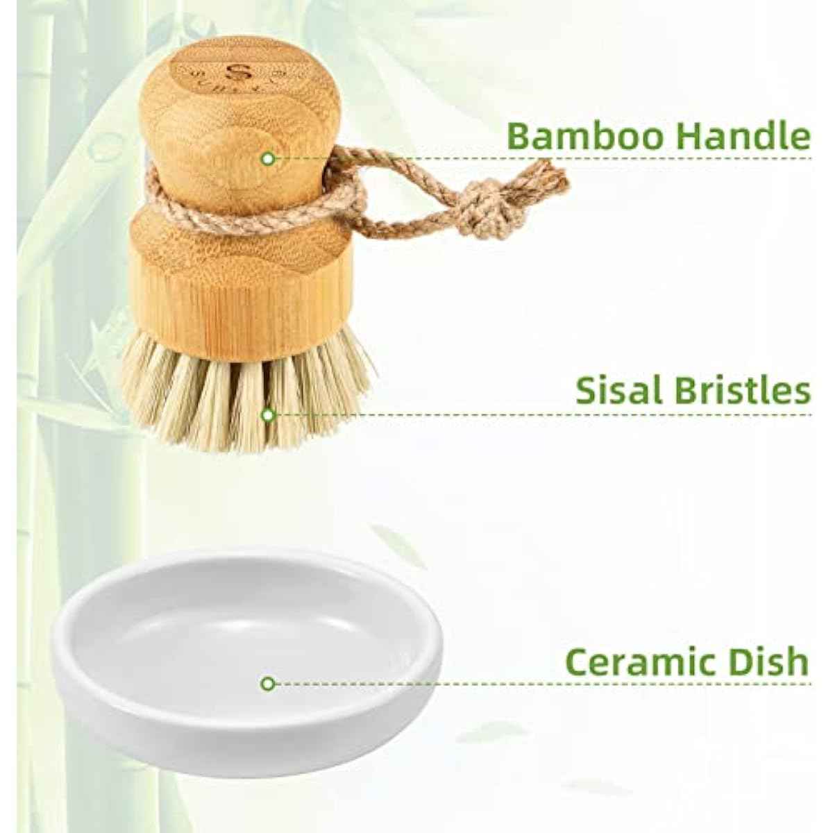 SUBEKYU Bamboo Dish Scrub Brush for Kitchen Sink, Natural Wooden Washing Dish Brush Scrubber with Sisal Bristles for Household Cleaning, Cast Iron Pots, Pans and Vegetables