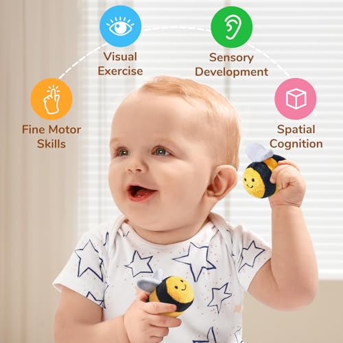 JoyCat soft baby beehive toy with 5 sensory bees for 6-12 months toddlers, rattle, crinkle paper, squeaker, mirror