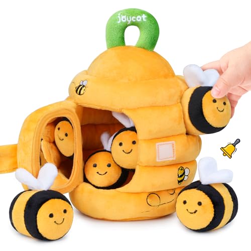 JoyCat soft baby beehive toy with 5 sensory bees for 6-12 months toddlers, rattle, crinkle paper, squeaker, mirror