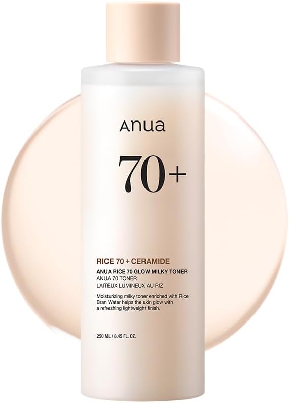 anua rice 70 glow milky toner for glass skin, fragrance-free, non-comedogenic, 250ml/8.45fl.oz