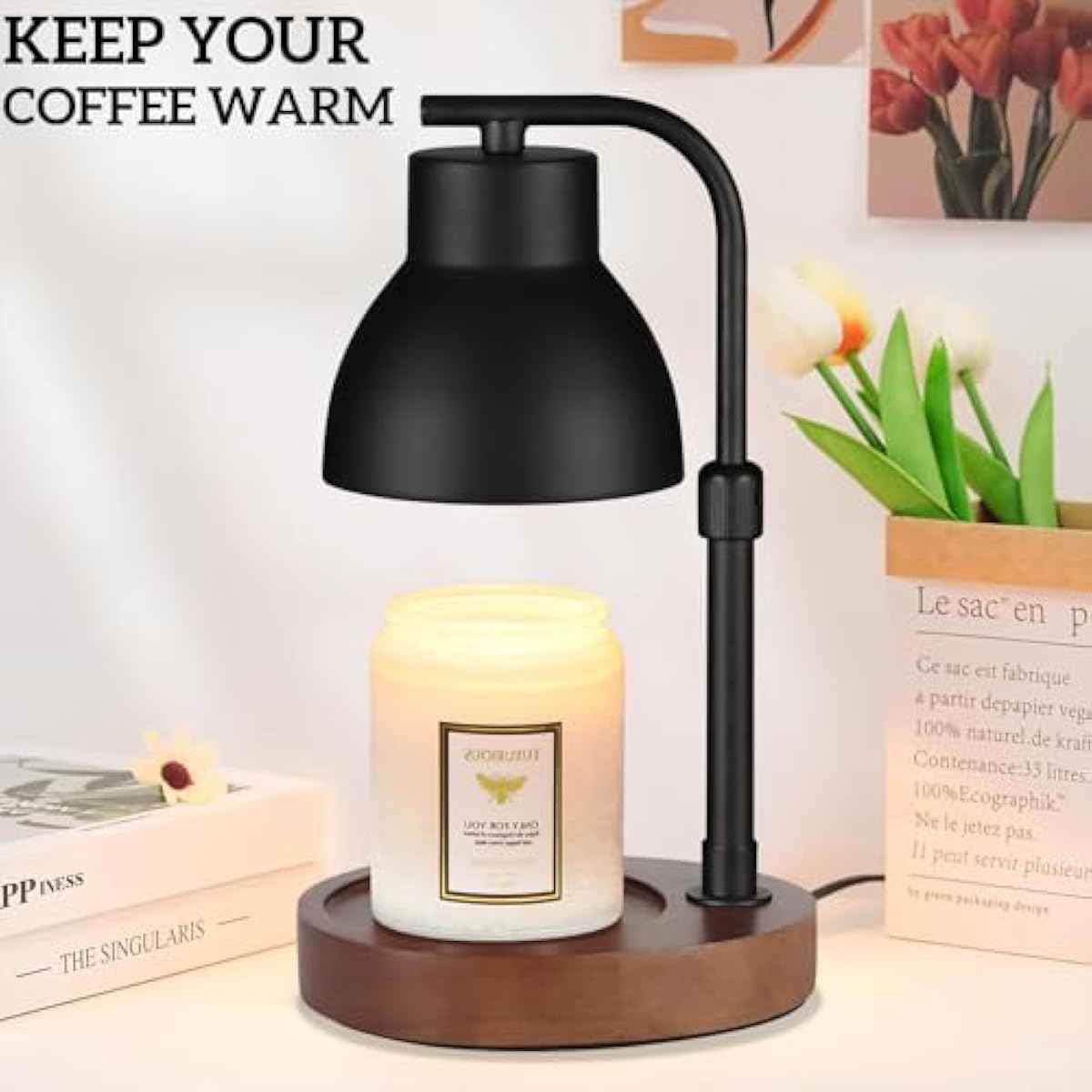 Dimmable Candle Warmer Lamp Adjustable Height Electric Wax Melt Warmer for Jar Scented Candles Suitable for Home Office Decor Birthday Gifts for Women Mom Grandma（with 2 Bulbs）