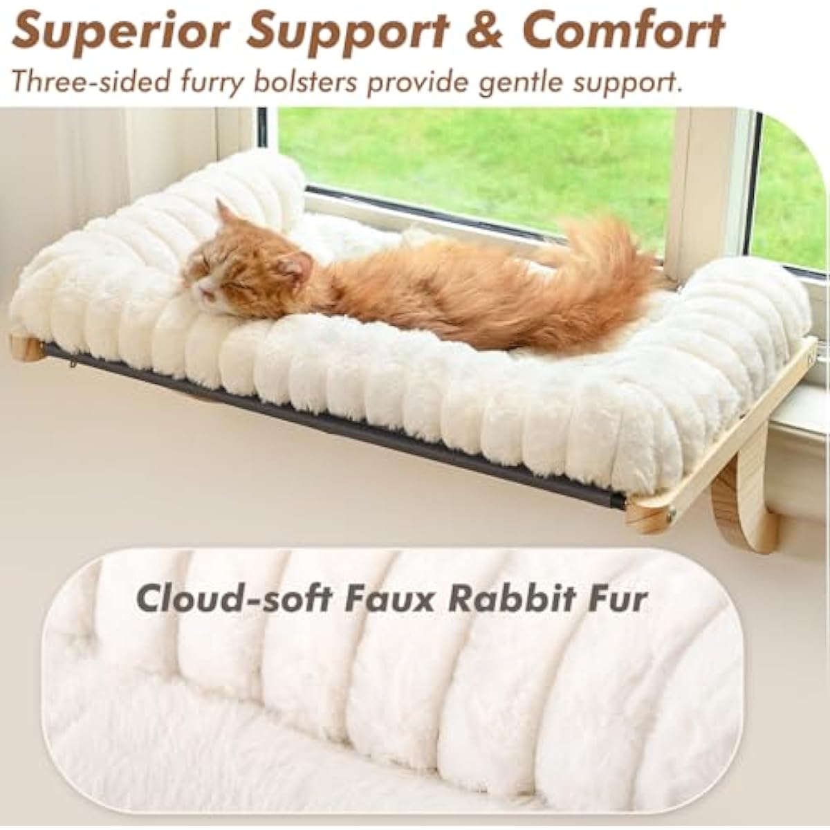 Cloud-Soft cat window perch with zipper cushion, solid wood & metal frame, large cat bed for windows (Large, White)
