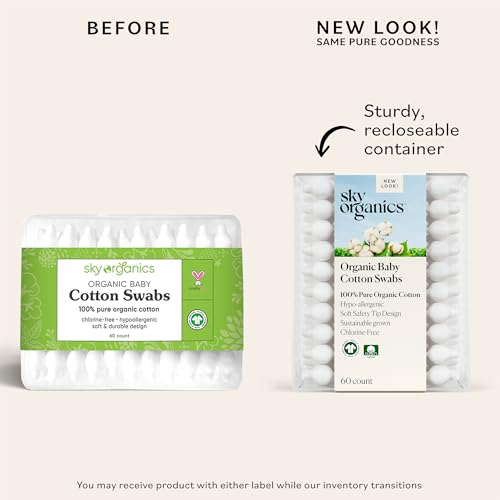 Sky Organics organic baby cotton swabs, 60 count, ultra soft, baby safe tips, strong and durable, hypoallergenic, chlorine free