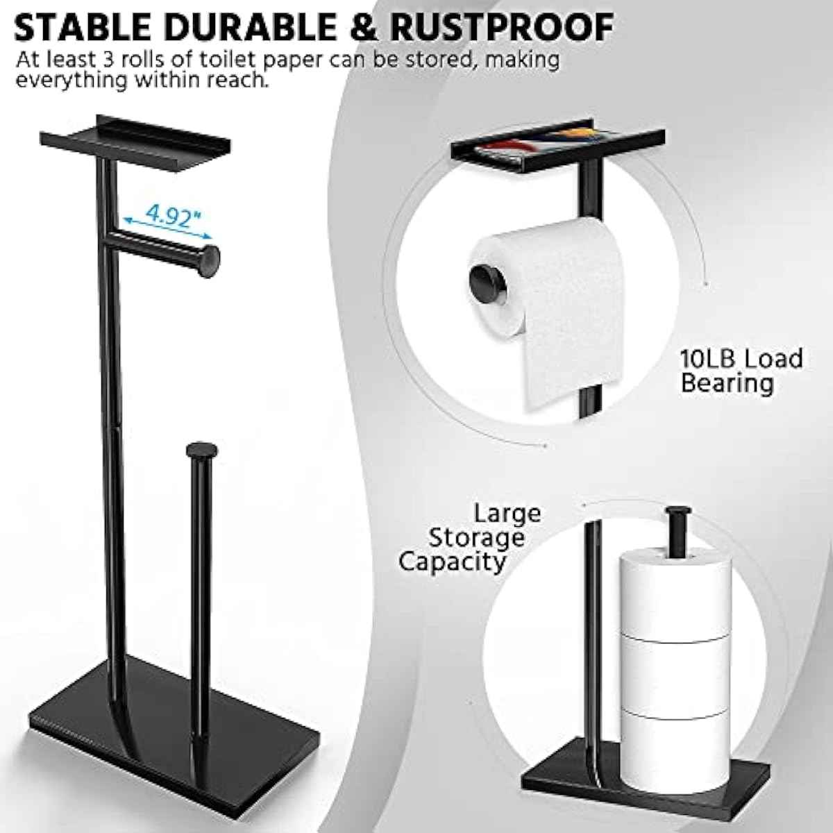 CISILY Black Toilet Paper Holder Stand with Phone Shelf, Bathroom Toliet Decor Decoration. Tissue Roll Free Standing Storage, Rv Accessories, Apartment Restroom Household Home Essentials