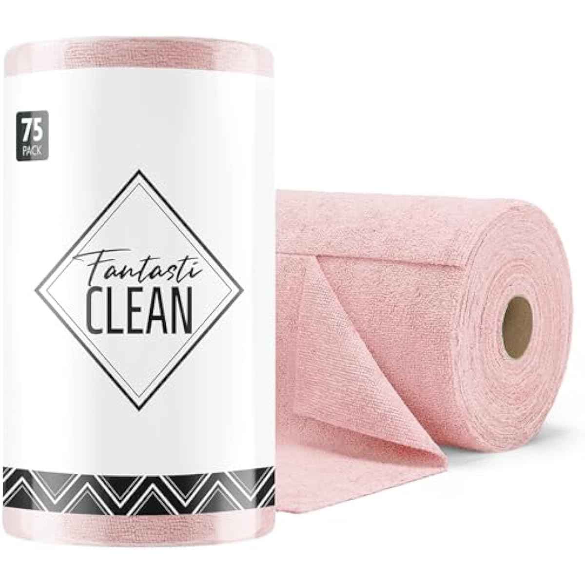 Fantasticlean Microfiber Cleaning Cloth Roll -75 Pack, Tear Away Microfiber Towels, 12" x 12", Reusable, Washable, Scratch Free, Ultra Absorbent Dishcloth for All-Around Cleaning Supplies (Pink)