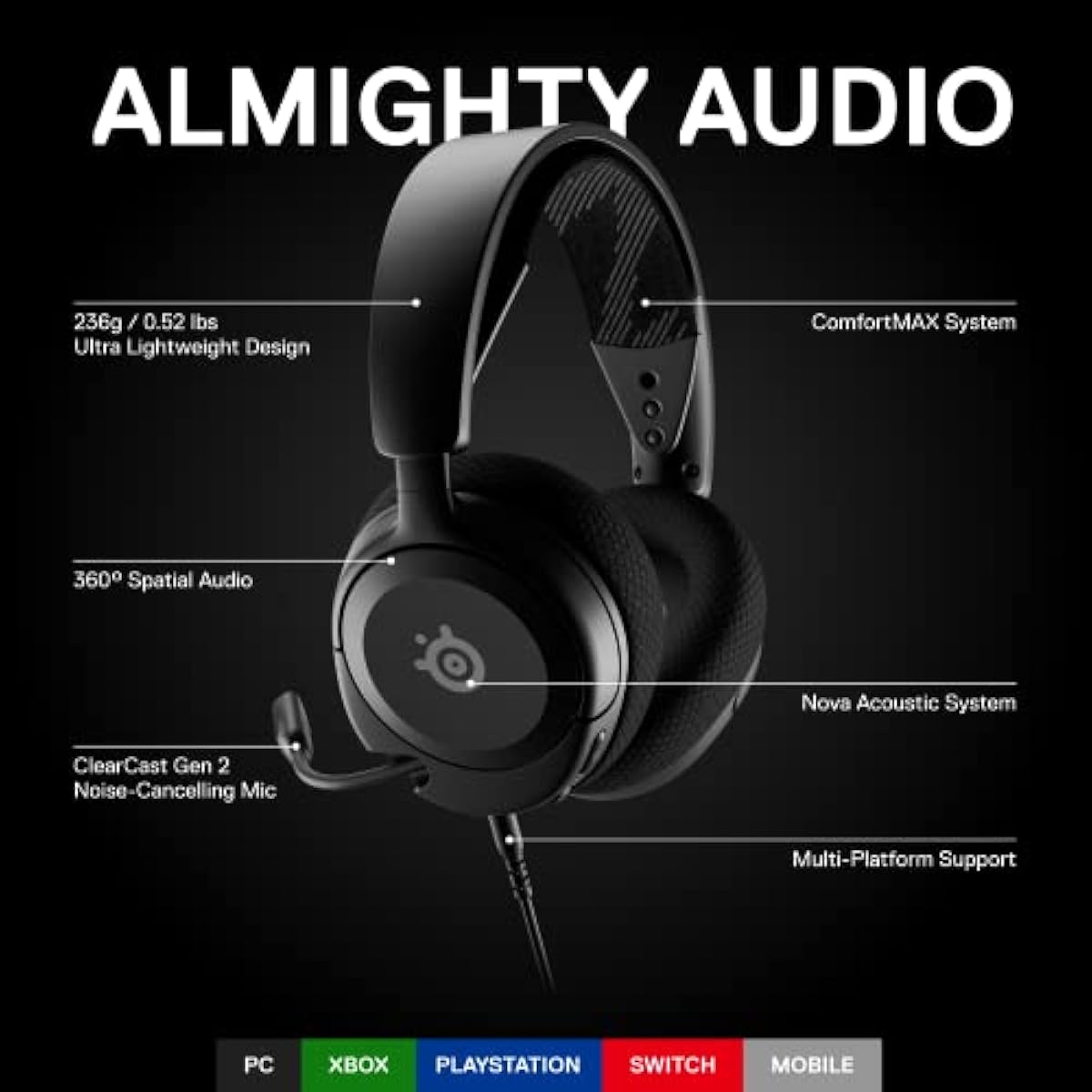 SteelSeries Arctis Nova 1 Multi-System Gaming Headset - Hi-Fi Drivers - 360° Spatial Audio - PC, PS5/PS4, Switch, Xbox - Black