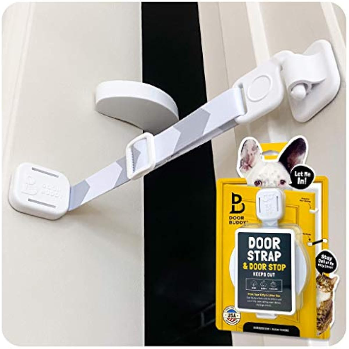 Door Buddy Cat Door Latch & Stopper. Adjustable Dog Proof Door Strap for Cats. Dog Proof Litter Box & Cat Feeder. Simpler Pet Gate Alternative. No Cut Cat Door Interior Door.