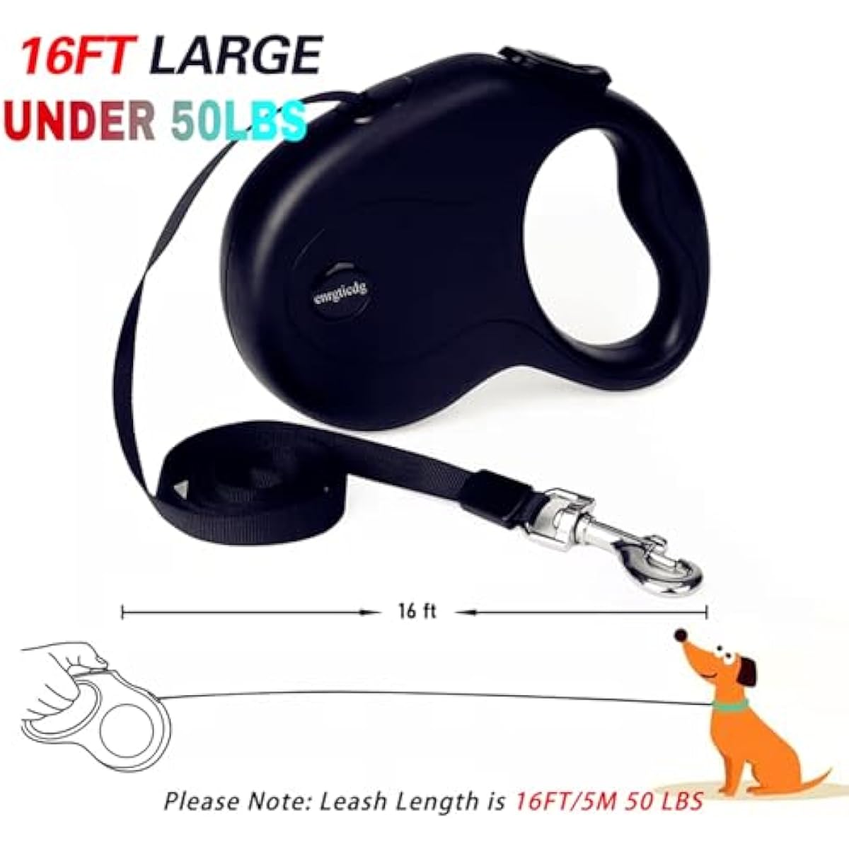 16ft retractable dog leash for small to medium dogs and cats up to 50lbs with stainless steel spring strong nylon tape and one-handed brake