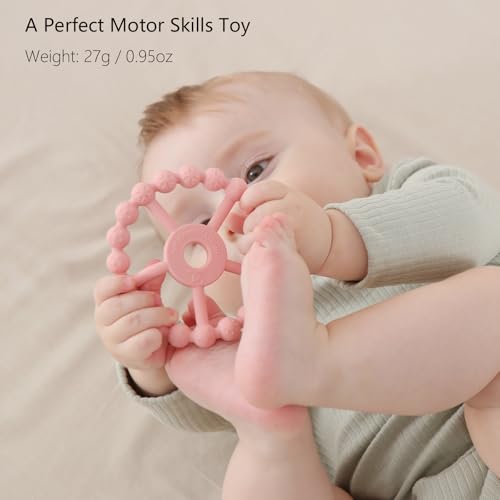 silicone teether ring toys for babies 0-6 months, 3-pack purple pink white