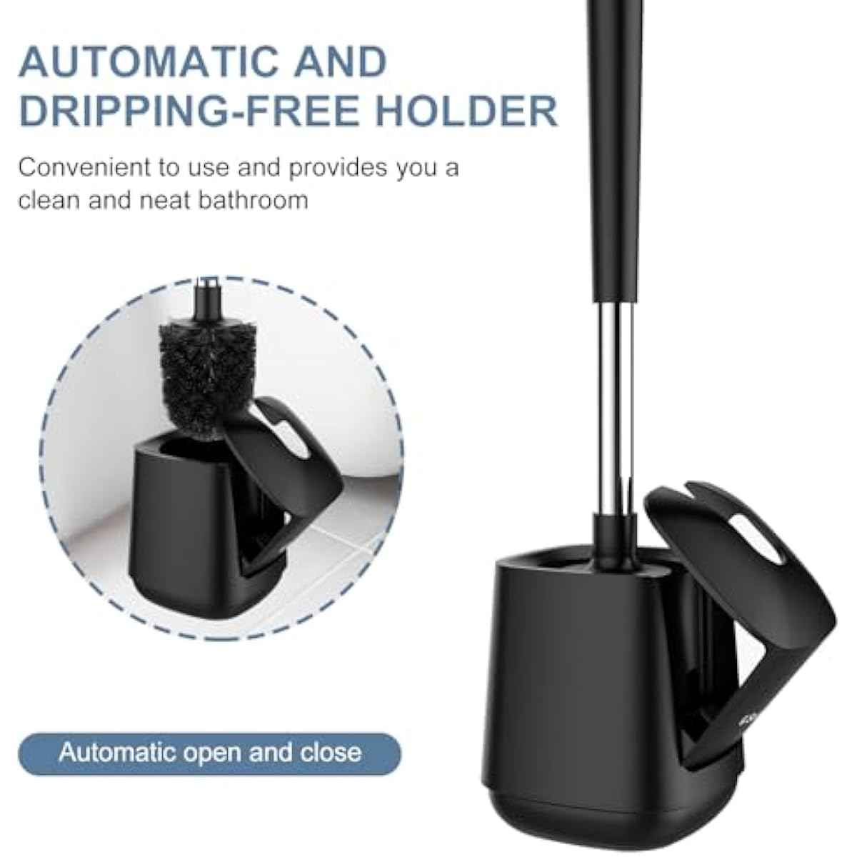 SetSail Toilet Brush and Holder, Self Closing Lid Toilet Bowl Brushes Holder and Extra Long Handle Ventilated Toilet Brush Set for Bathroom Cleaning, Nylon Bristles, Black