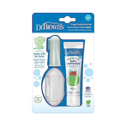 Dr. Brown's 100% Silicone Baby Finger Toothbrush and Toothpaste Set, 2-Pack Toothbrush with Storage Case, Fluoride-Free Strawberry Toddler Toothpaste, Gray & Light-Green