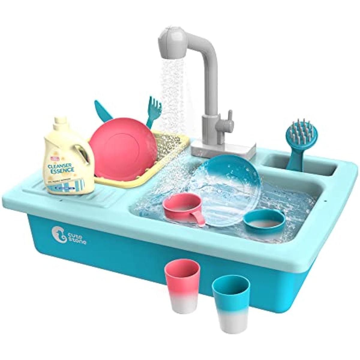 Cute Stone Color Changing Kitchen Sink Toy for Kids, Electric Dishwasher Play Set with Running Water and Faucet