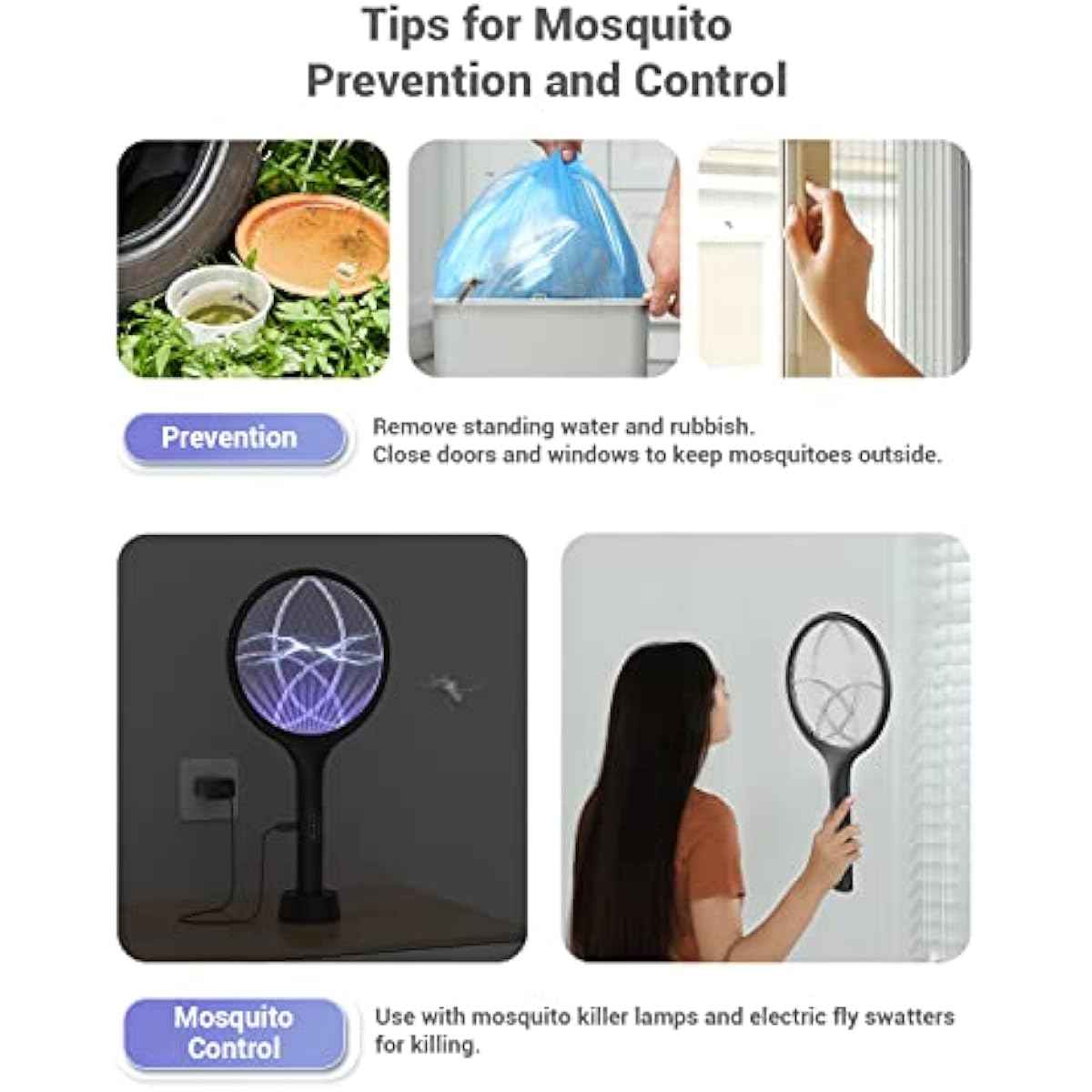 YISSVIC Electric Fly Swatter 4000V Bug Zapper Racket Dual Modes Mosquito Killer with Purple Mosquito Light Rechargeable for Indoor Home Office Backyard Patio Camping (Black-1 Pack)
