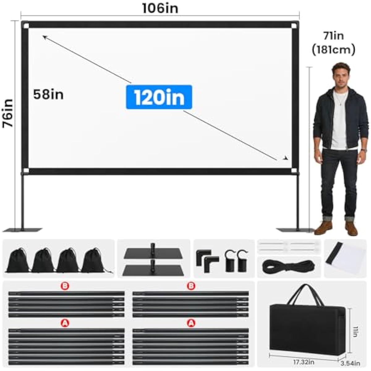 120inch outdoor projector screen with stand 16:9 4k hd portable movie screen for backyard camping theater